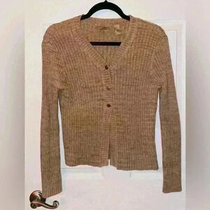 i. e. Camel color long sleeve button down sweater, with open midriff size large